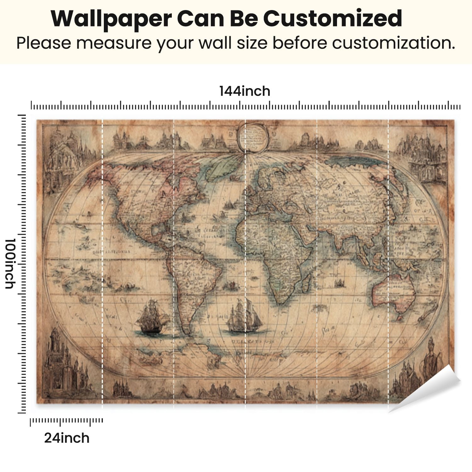 Peel and Stick Wallpaper Antique World Map Detailed Cartography Sailing Ships Modern Art Wall Mural Decor Self Adhesive and Removable 100in x 144in