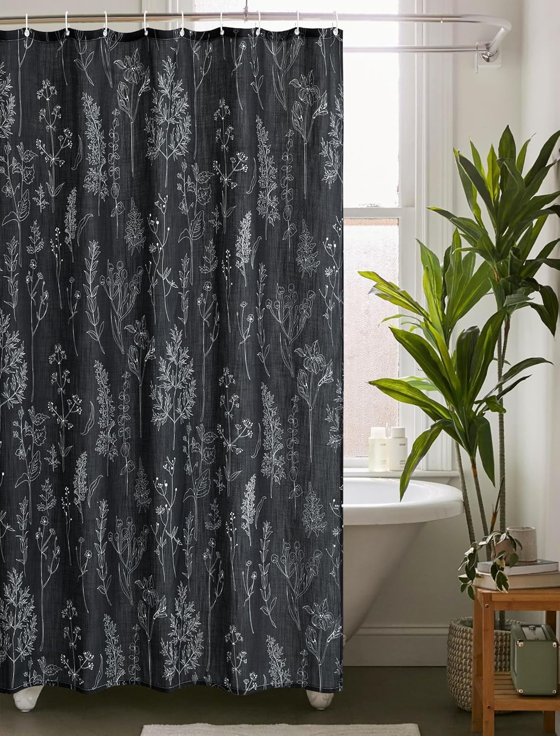 Vintage Botanical Linen Shower Curtain for Bathroom in Black and White, Heavy Duty 180GSM Textured Fabric Shower Curtain Set Cute Plant Leaves Design, Modern Farmhosue Boho Floral Bathroom Decor