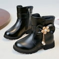 thumbnail image 2 of Girls Snow Boots Sweet Bowknot Fringe Princess Winter Dress Booties Lug Sole Low Heel Warm Furry Lined Zipper Ankle Boots 2 Big Kid Black, 2 of 6