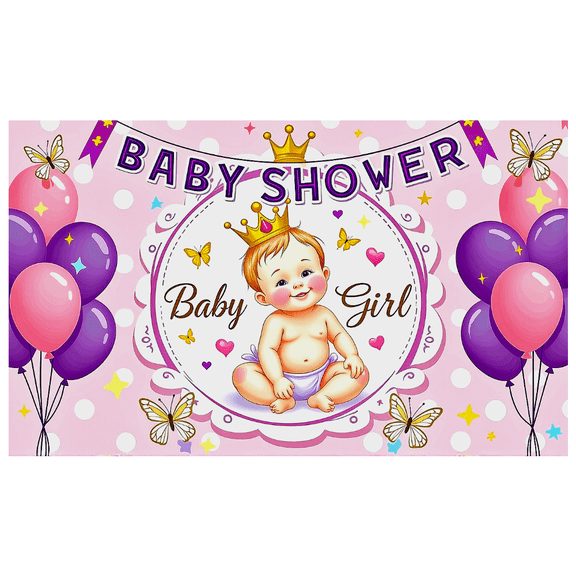 Pink Themed Baby Girl Baby Shower Background Banner with Crown Balloons Butterflies Decorations Party Supplies Photography Props Backdrop for Celebration Events Decor Decorations