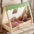 thumbnail image 3 of Twin Size Bed with Tent and LED Lights, Solid Wood House Floor Bed with Full-length Guardrails, Montessori Design for Bedroom, Apartment, Easy Assembly, Mattress Not Included, White and Pink, 3 of 9