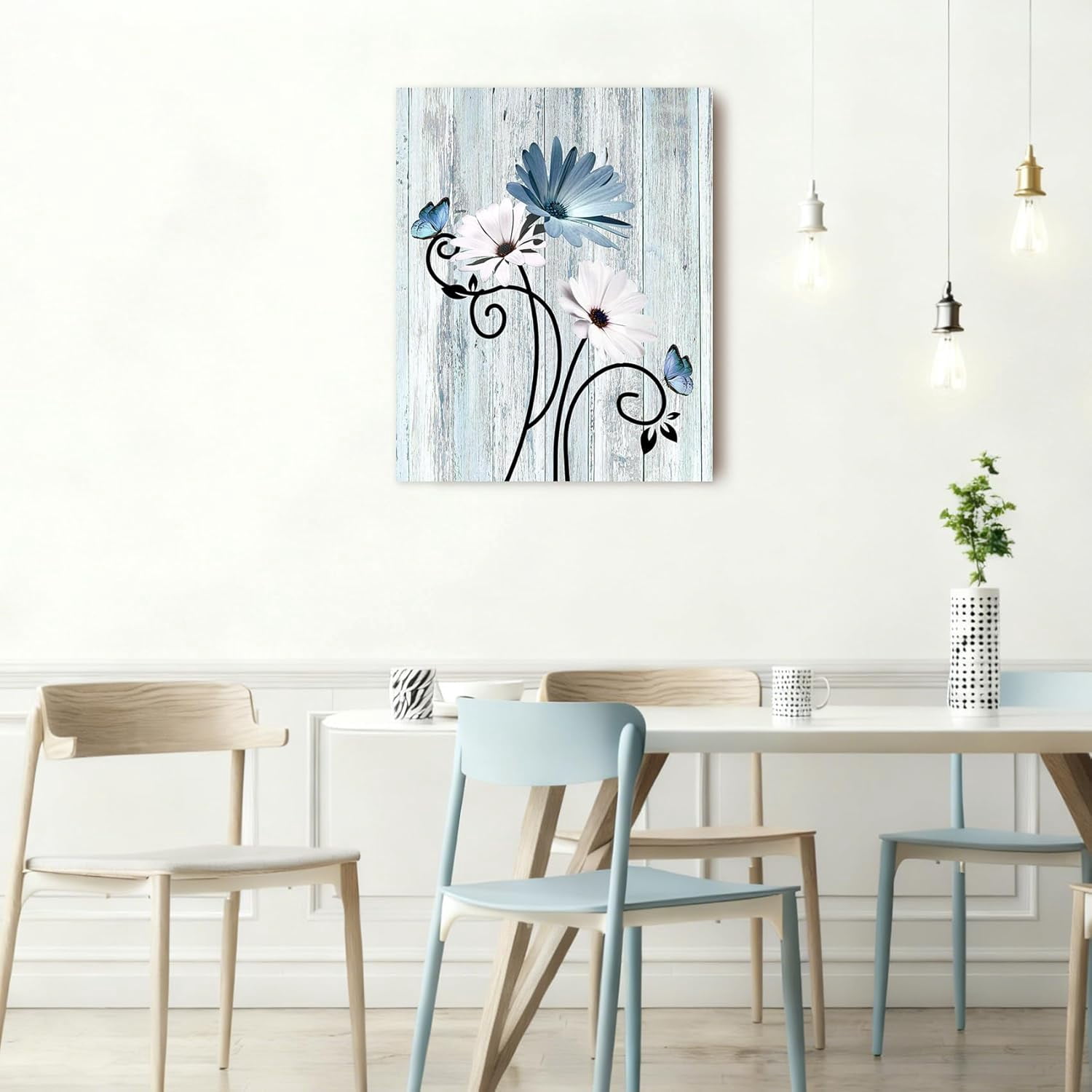 Floral Canvas Wall Art - Daisy & Butterfly Botanical Wall Decor, Rustic Farmhouse Pictures for Living Room, Bedroom, Bathroom & Home Office