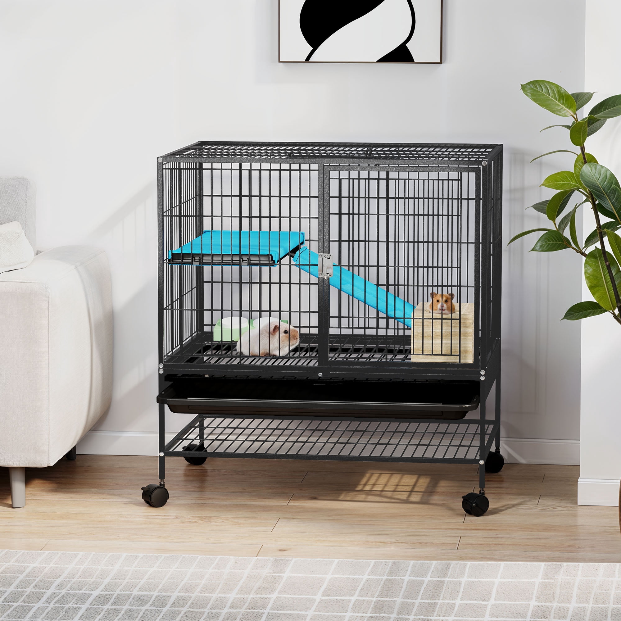 Uforic Small Animal Cage  with Platforms & stair,Indoor Metal 2-Tiers Animal Cage for Rabbits, Chinchillas and Hamsters,4 universal 360 °wheels,Black