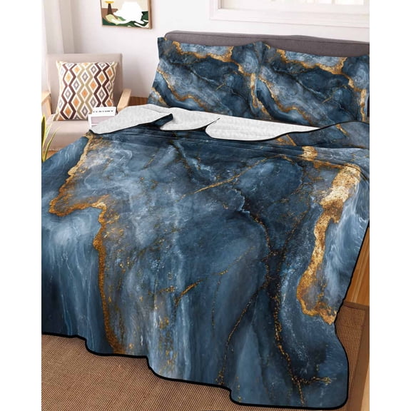 Navy Blue Marble King Size Down Alternative Comforter, Lightweight Comforter Quilt Bedding Set with Pillow Shams Modern Art Contemporary Yellow All Seasons Bed Comforter Duvet Insert 96"x106"
