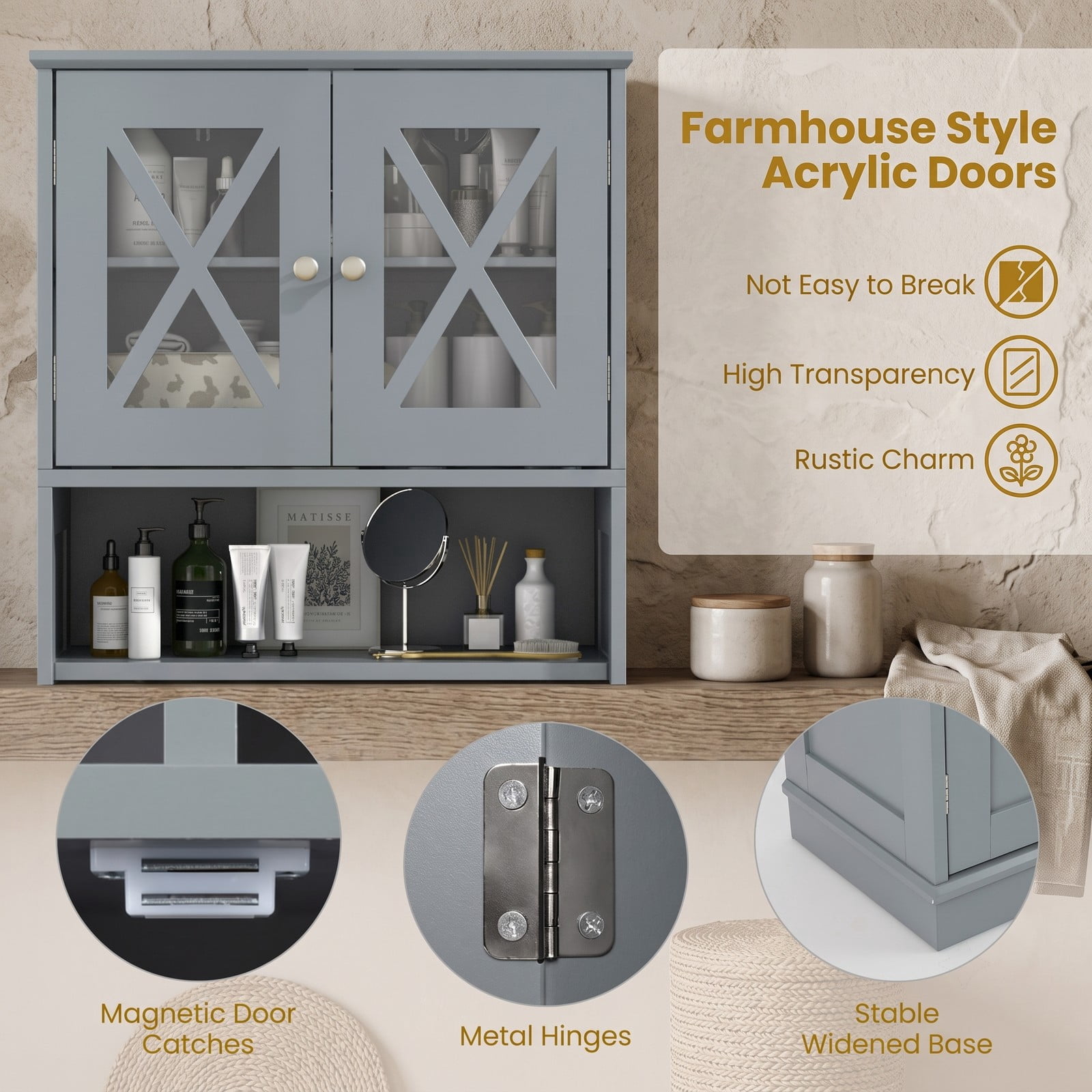 ALPULON Tall Bathroom Storage Cabinet, Freestanding Floor Linen Tower with Acrylic Doors, 3 Adjustable Shelves and 3 Open Cubes, MDF Organizer for Bathroom, Gray