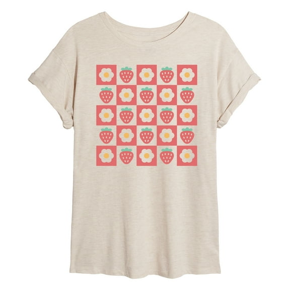 Instant Message - Strawberry Flower Grid Red - Women's Oversized Graphic T-Shirt