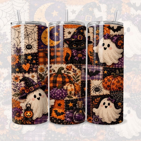 Quilted Halloween Ghost Skinny Tumbler 20oz with Lid and Reusable Straw, Stainless Steel Insulated Travel Mug for Hot and Cold Drinks, Cup Holder Friendly Gift for Women Men, Home Work Travel