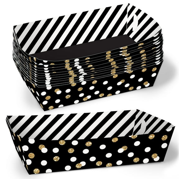 Big Dot of Happiness Black & Gold Party Paper Food Trays, Disposable Double-Sided Paper Food Holders for Nachos, Hot Dogs, French Fries - 12 Ct