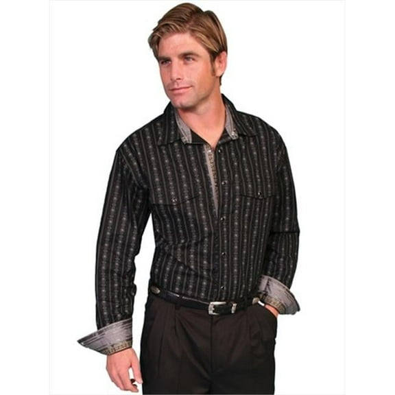 Scully PS-093-BLK-XL Mens Striped Long Sleeve Western Shirt- Black - XL