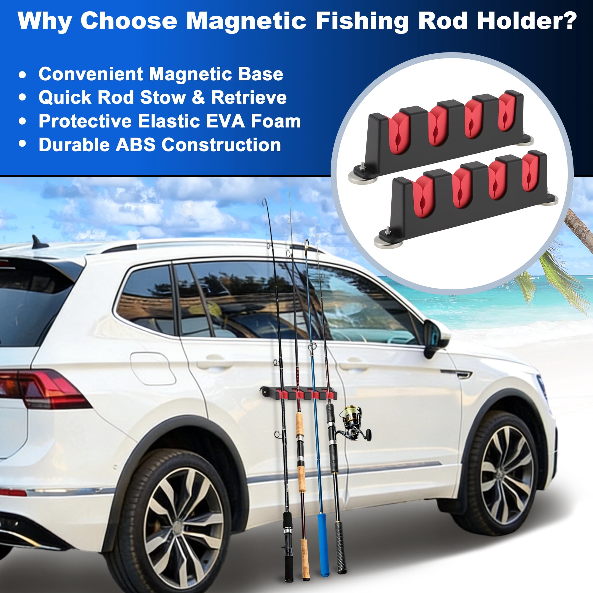 Unique Bargains Magnetic Fishing Rod Holder for Car Black + Red 4 Rods 2 Pcs