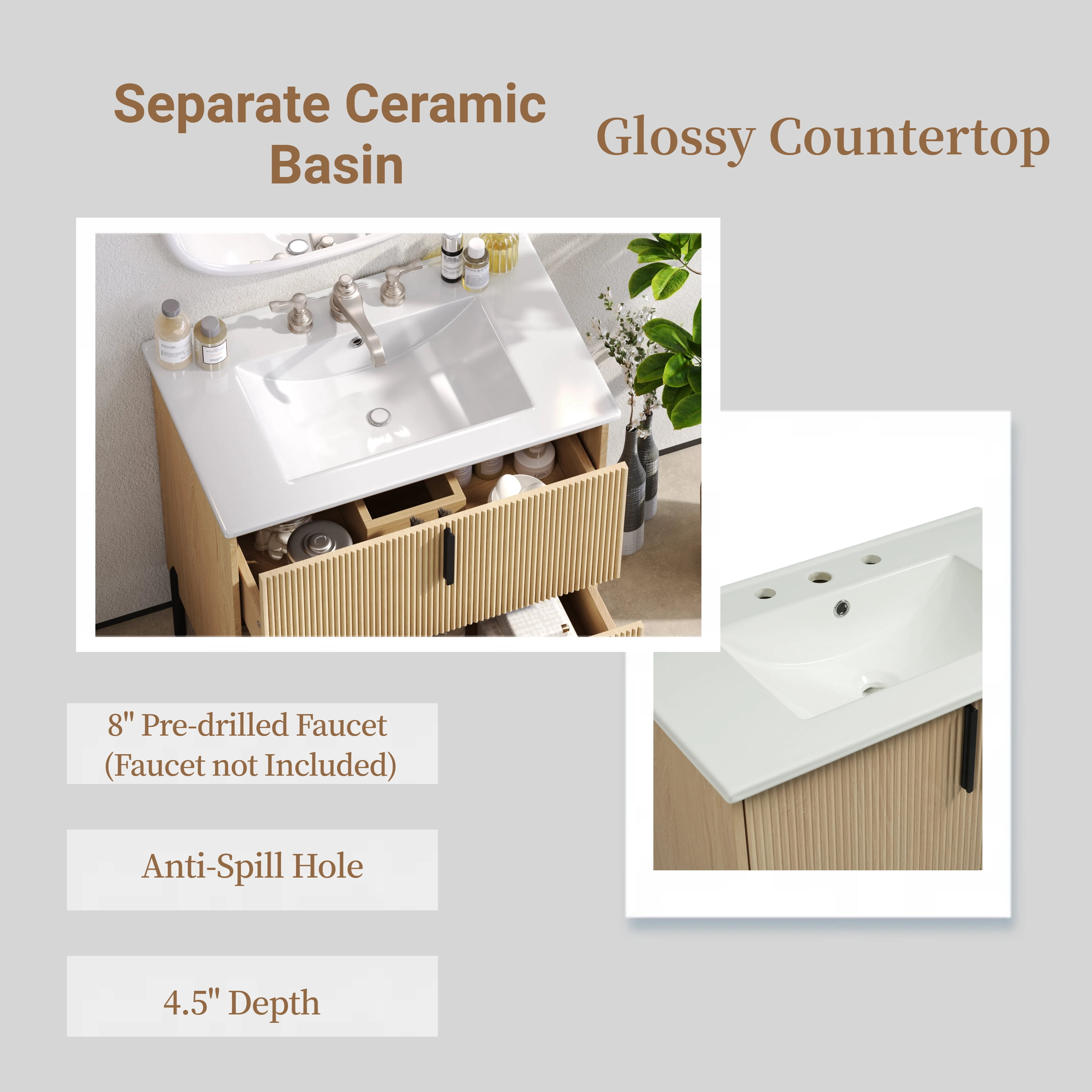30" Bathroom Vanity with Ceramic Sink and Full-Extension Drawers, Soft Close Undermount Drawer Slides, Fluted Design, Natural