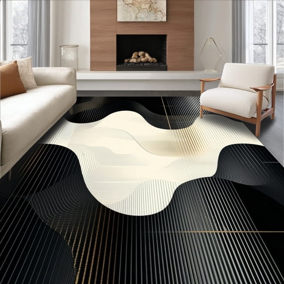 ODIKA 4'x6' Machine Washable Non-Slip Area Rug, Sophisticated Monochrome Wave With Undulating Line Design High Traffic Rug, Beige, 92039