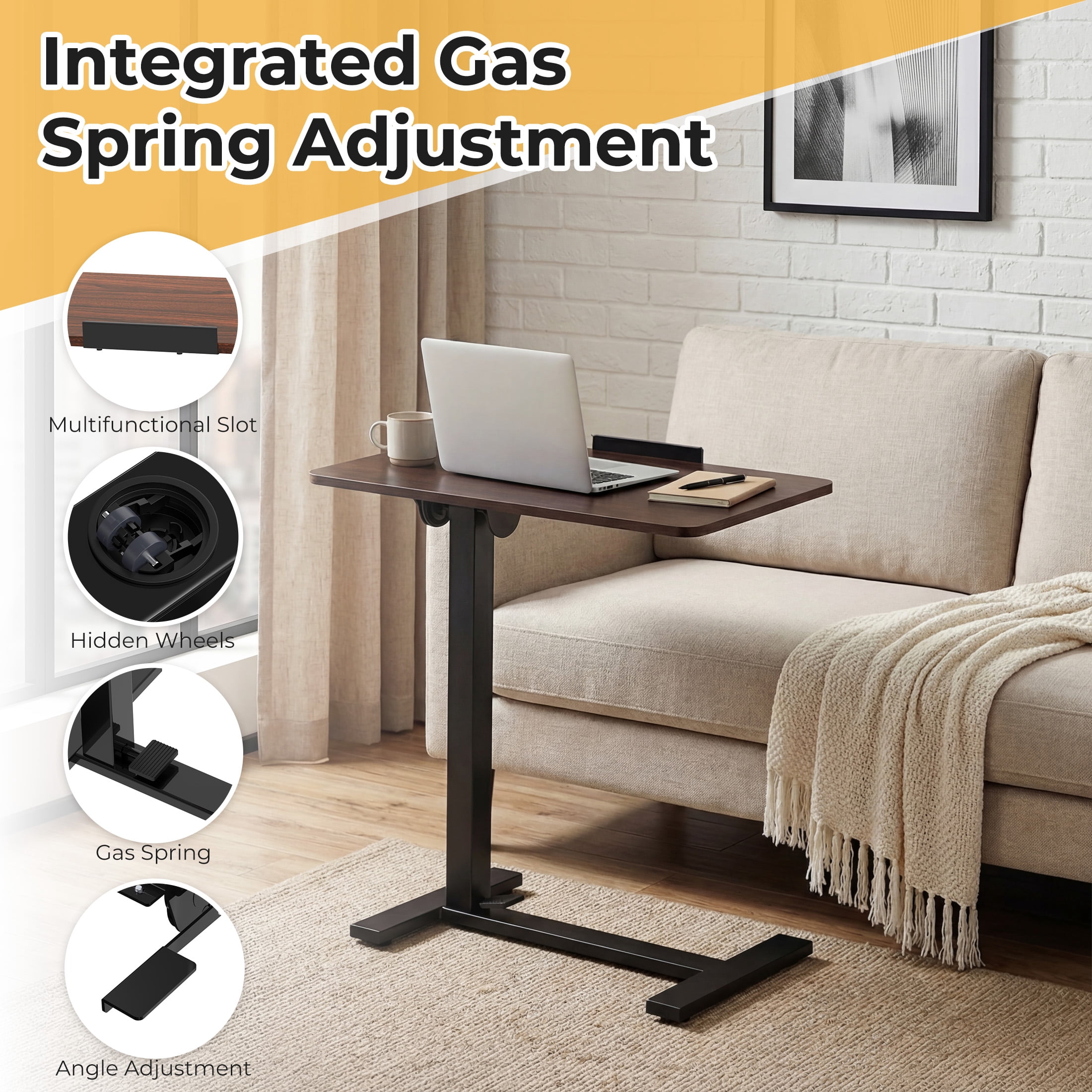 CONCETTA Overbed Table with Wheels Mobile Standing Desk, Adjustable height, Double-Sided Flip, Saves Space for Office, Classroom, Brown