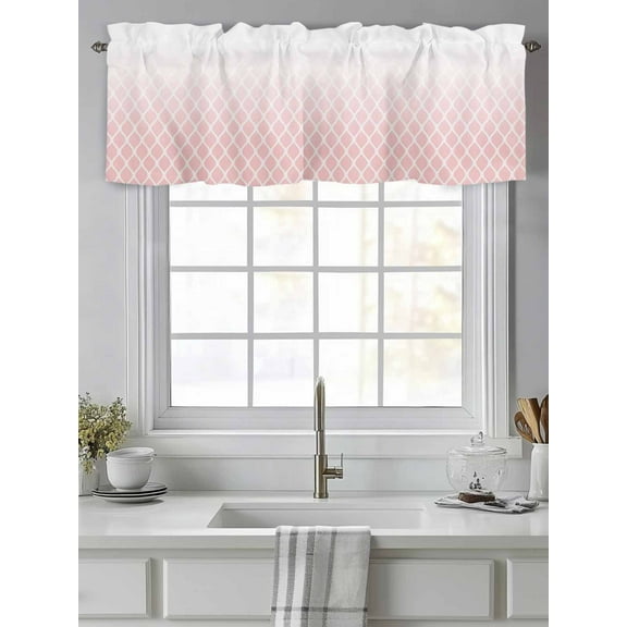 Pink Gradient Lattice White Line Valances for Windows,Kitchen Valance Rod Pocket Short Curtain,Romantic Simple Style Valance Curtain Window Valances for Bedroom Living Room 54"x18"