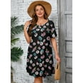 thumbnail image 2 of SHOWMALL Women's Plus Dresses Short Sleeves Casual Floral T-Shirt Dresses with Pockets 1X Black Magritte, 2 of 11