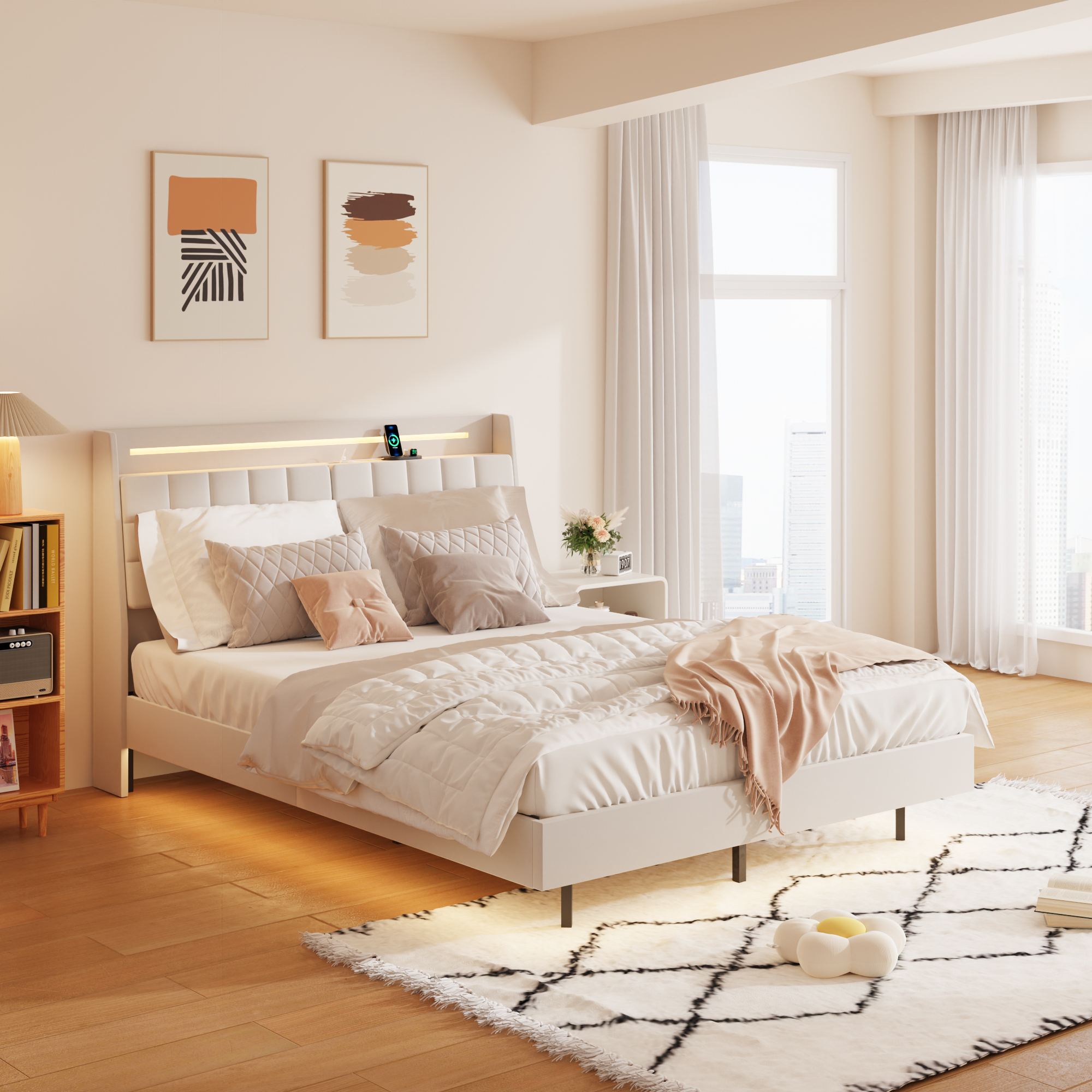 Queen Size Floating Bed Frame with LED Light and Charging Station, Upholstered Platform Bed Frame with Headboard and Hidden Storage Space, No Box Spring Needed,Beige