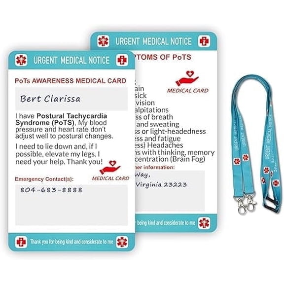 RAYCCI Postural Tachycardia Syndrome (PoTS) Medical Alert Card with Writable Panel and Patterned Lanyard Emergency Contact Card Standard Size