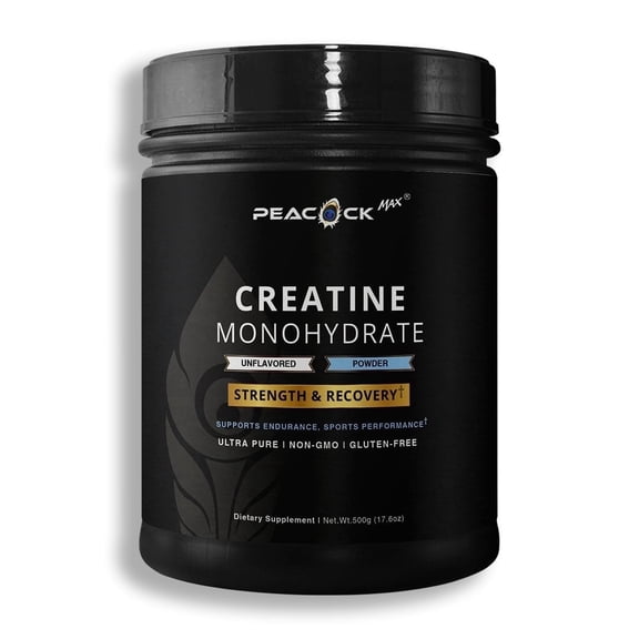 Peacock Max Creatine Monohydrate Powder, 500g - Unflavored Creatine Powder for Muscle Support, Gluten-Free, Non-GMO, 5g/ Serving