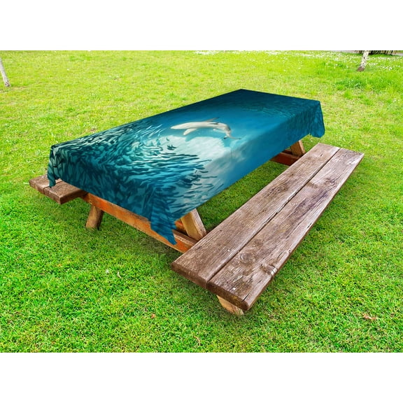 Sea Animals Outdoor Tablecloth, Shark and Small Fish Ocean Wilderness Waterscape Wildlife Nature Theme Picture, Decorative Washable Fabric Picnic Tablecloth, 58 X 120 Inches, Teal Beige, by Ambesonne