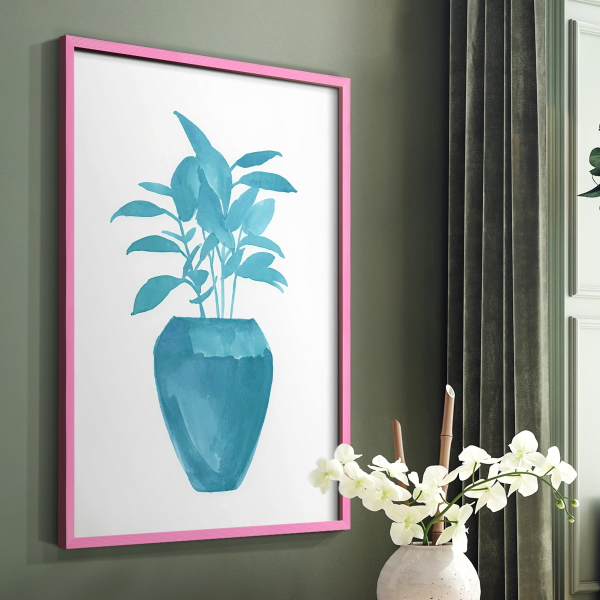 Watercolor House Plant V Framed Print in Pink Solid Wood 11 x 14 Framed Print