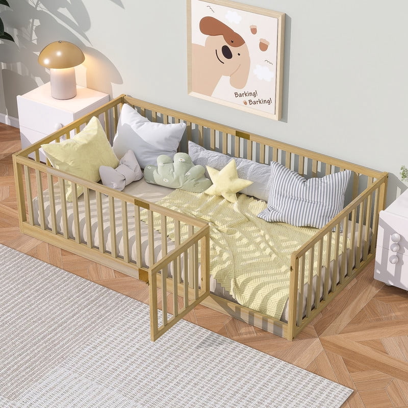 Mirightone Twin Size Floor Bed, Wood Montessori Floor Beds with High Fence Railings, Door & Slats Support, Twin Playhouse Bed Frame, No Box Spring Needed, Natural