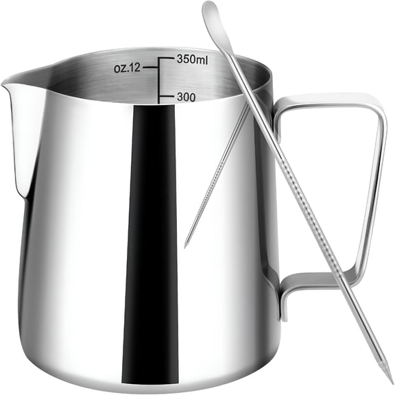 ACDANC Milk Frothing Pitcher, 12oz Milk Frother Cup with Clear Scale, 304 Stainless Steel Cappuccino Espresso Machine Accessories for Barista Coffee Bar with Latte Art Pen, Silver