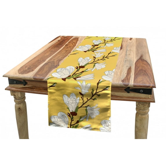 Floral Table Runner, Retro Magnolia Tree Branch Flourishing Fragrance Blossoms Pattern Print, Dining Room Kitchen Rectangular Runner, 3 Sizes, by Ambesonne