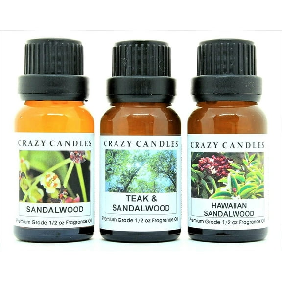 Crazy Candles 3 Bottles Set, 1 Hawaiian Sandalwood, 1 Sandalwood, 1 Teak & Sandalwood 1/2 Fl Oz Each (15ml) Premium Grade Scented Fragrance Oils