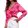 thumbnail image 1 of Blusas de Satén con Cuello en V y Larga para Mujer, Blusas de Seda de Verano, Moda 2025 Rosa Roja M, 1 of 9