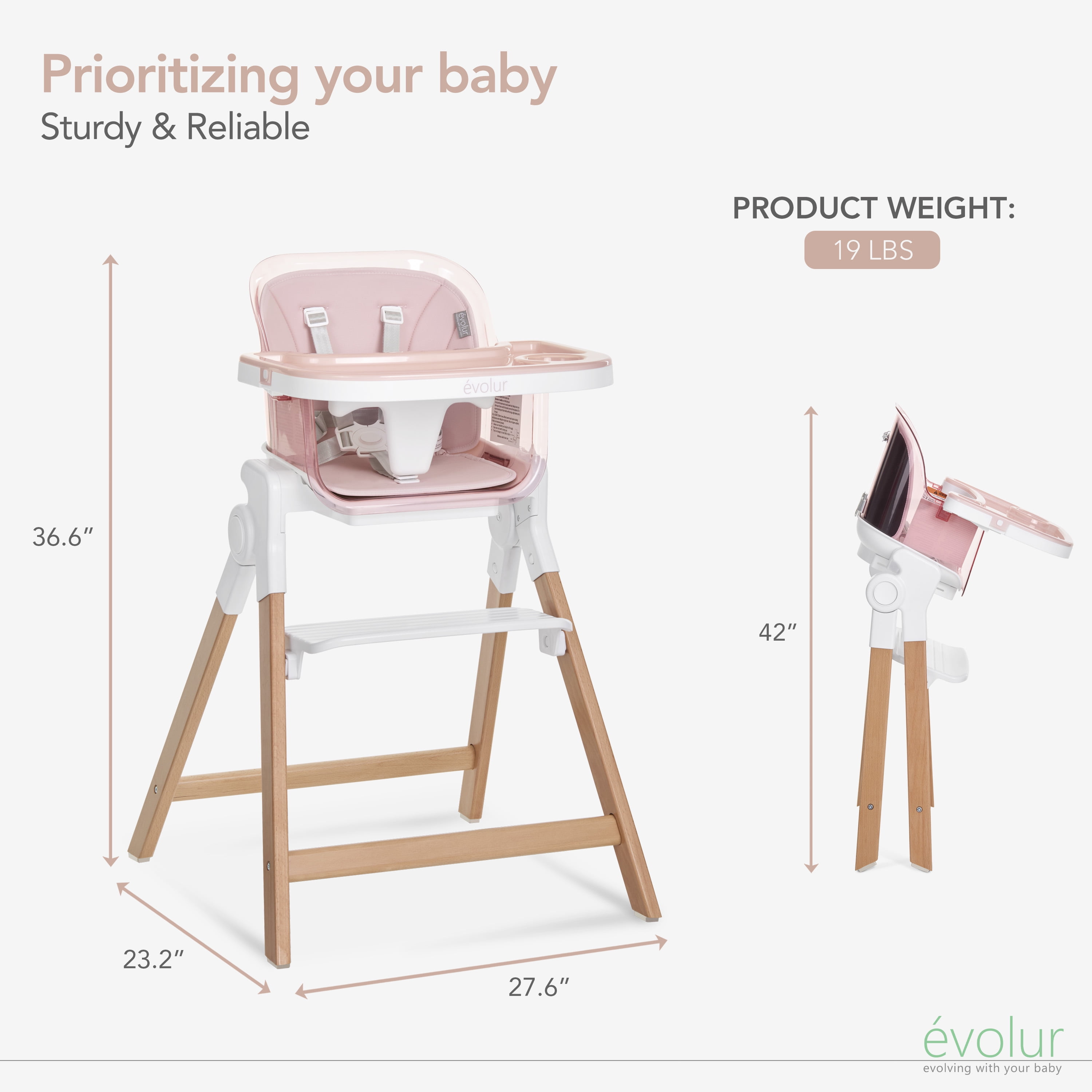 Evolur Tiny Throne 2-in-1 Portable High chair in Grapefruit Pink, Baby High Chair Converts into Booster Seat & Adult Stool, Removable Tray and Easy To Clean