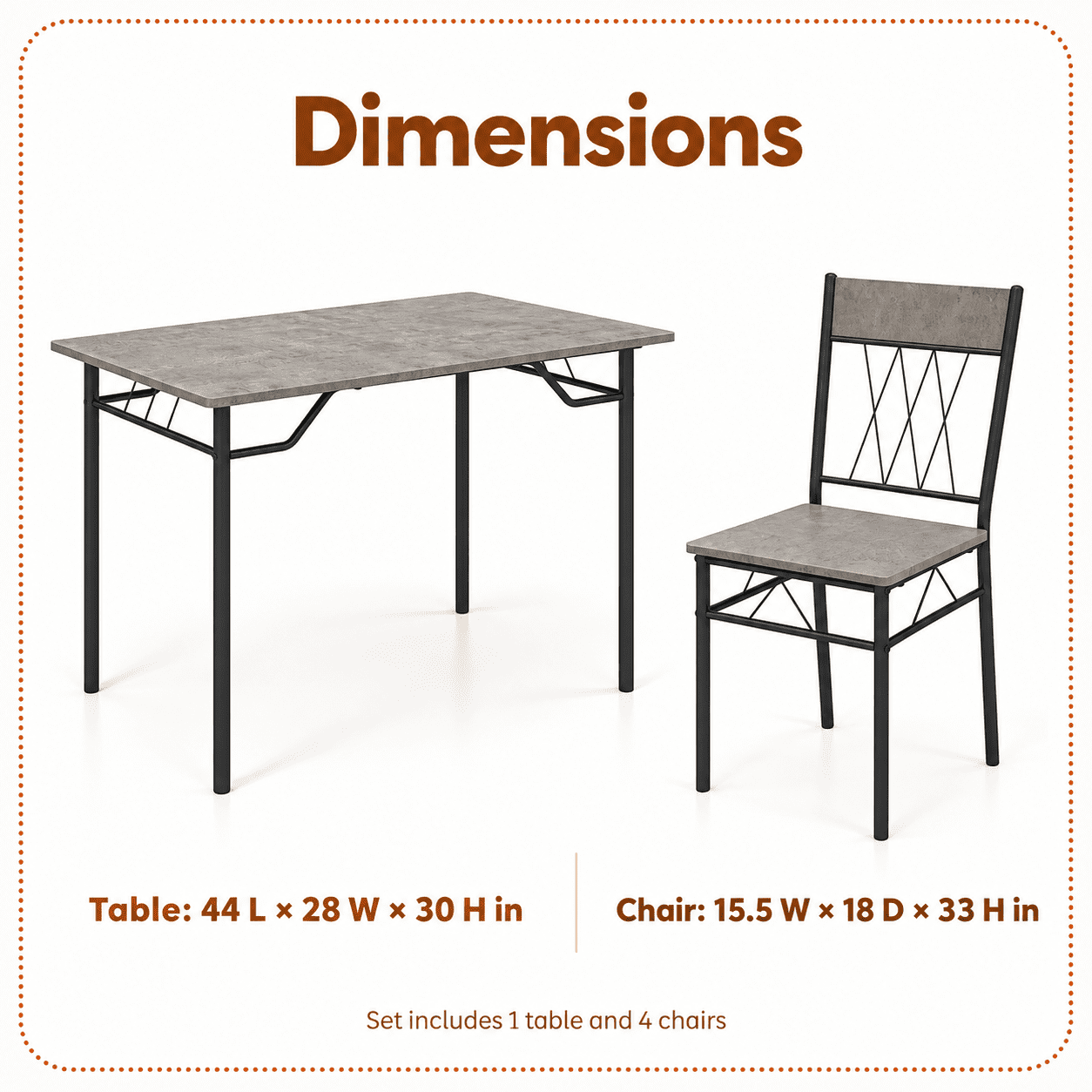 Furnibear 5 Piece Dining Table Set for 4 with Kitchen Table and Metal Frame Dining Chairs for Small Apartment Dining Room, Gray