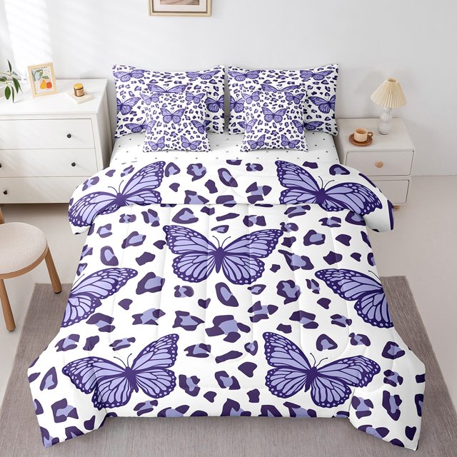 Erosebridal Purple Leopard Print Bedding Twin Size, Cute Butterfly Bed in a Bag Twin size, Cartoon Decorative, 7pcs