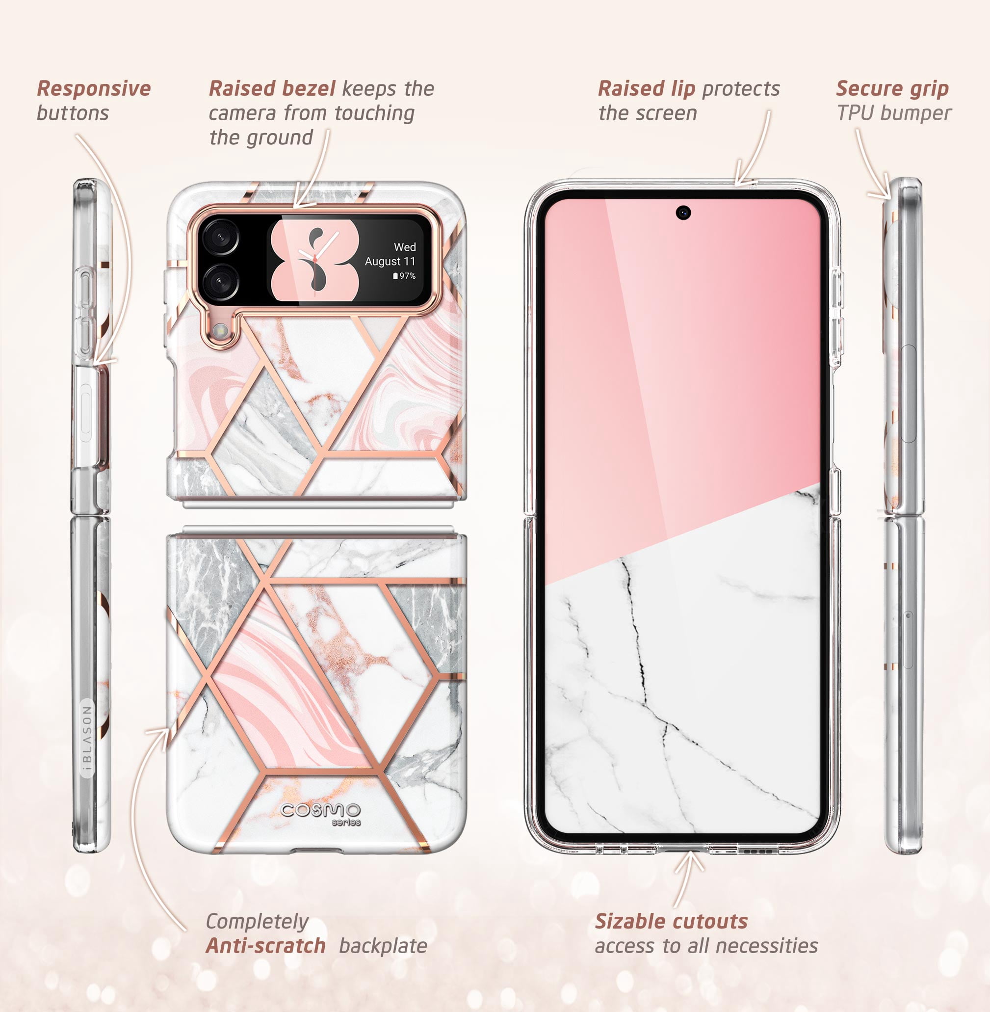 i-Blason Cosmo Series Case for Samsung Galaxy Z Flip 3 5G (2021), Slim Stylish Protective Bumper Case Without Built-in Screen Protector (Marble)