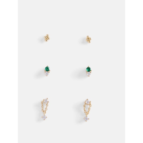 Free Assembly Women's Demi Fine 14K Gold Plated Cubic Zirconia Flat Back Stud Earring Set, 3-Pairs