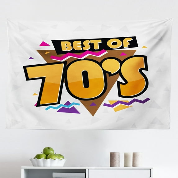 70s Party Tapestry, Girl with Afro Hair and Glasses Hippie Seventies Art Peace Love Disco Lettering, Fabric Wall Hanging Decor for Bedroom Living Room Dorm, 2 Sizes, Multicolor, by Ambesonne