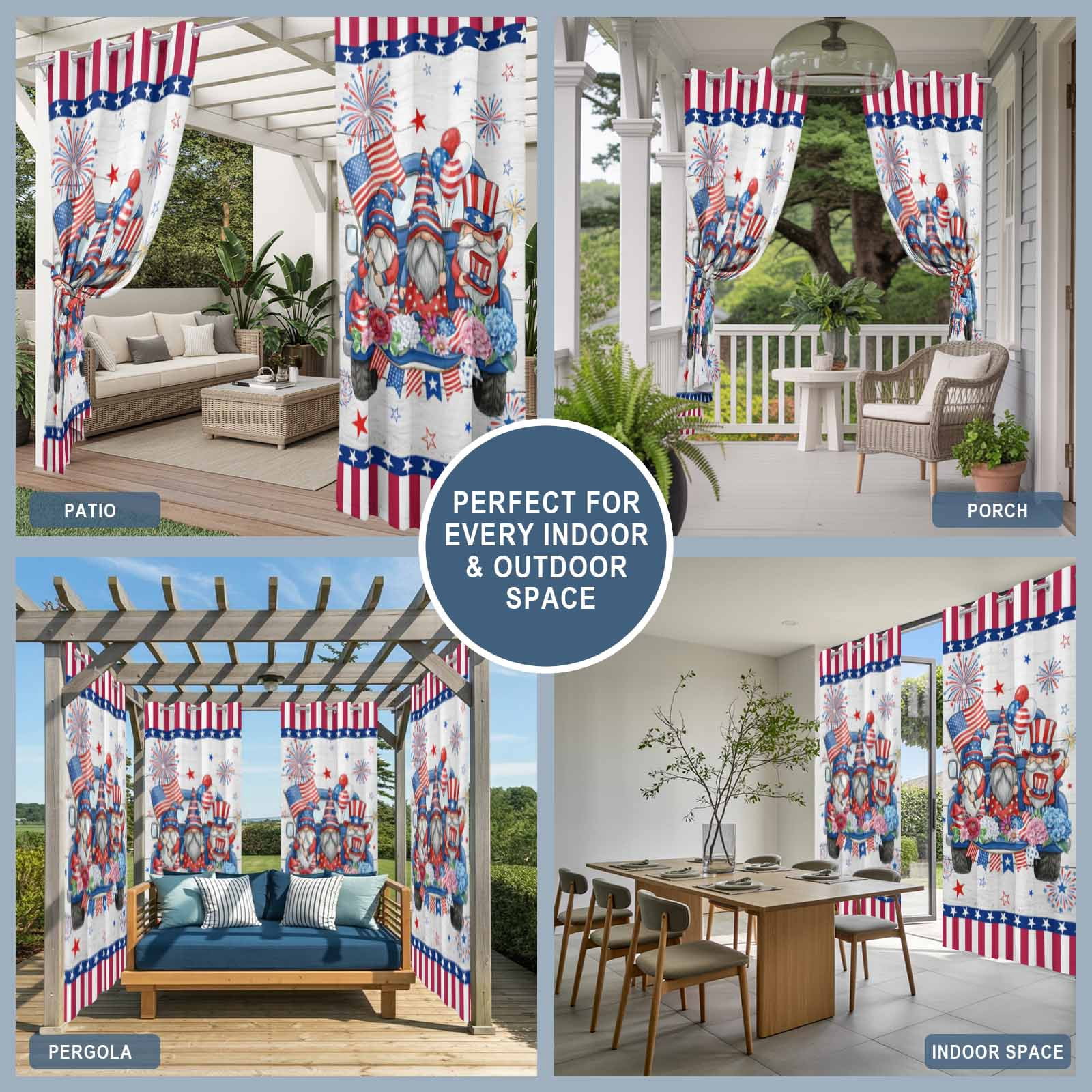 US Anniversary Outdoor Curtains for Patio, Independence Day Gnomes Blue Truck Board Sunshade Privacy Drapes Grommet Waterproof Outside Curtains for Porch/Cabana/Balcony 54"x 108", 1 Panel