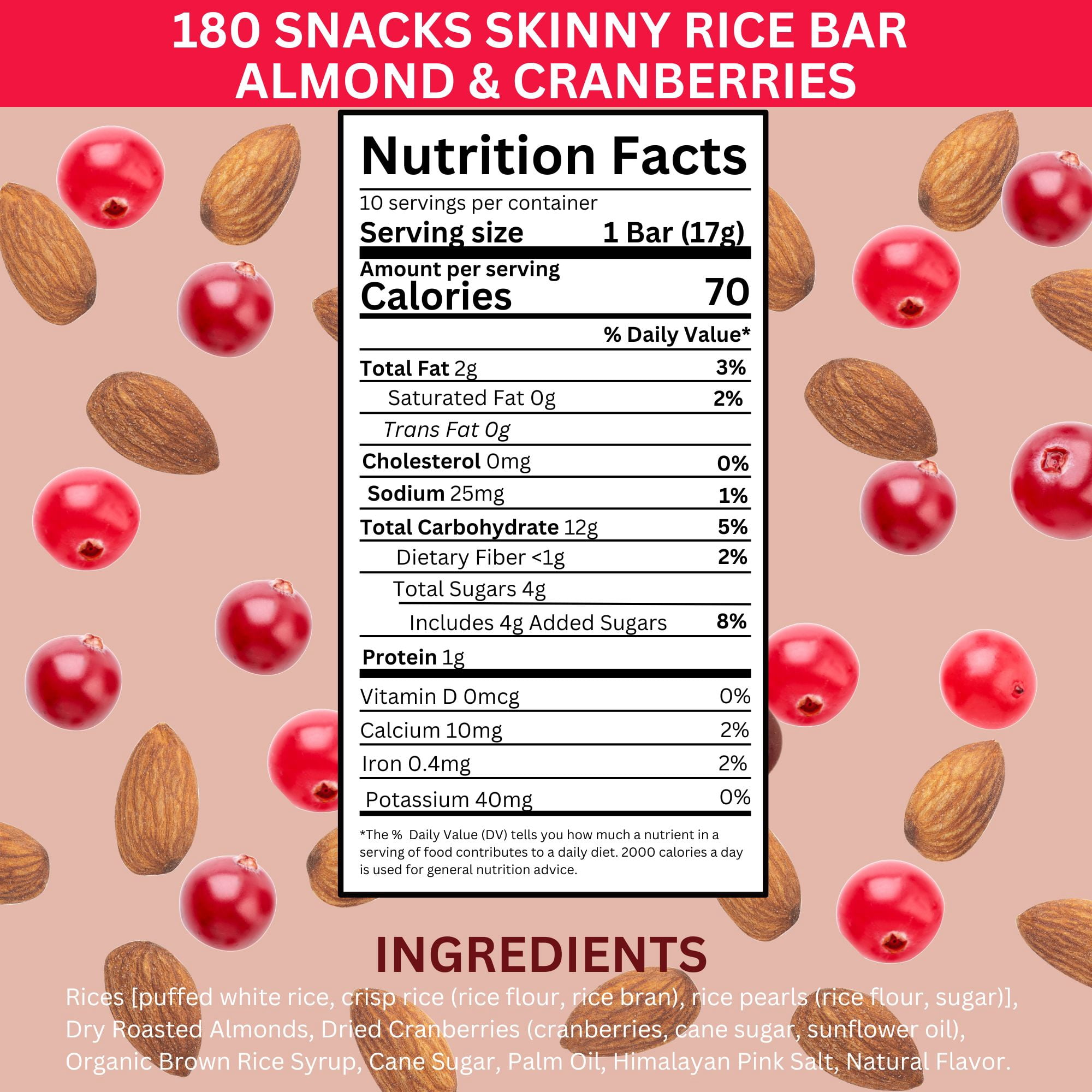 180 Snacks Skinny Rice Bar Variety Pack of 3, 30 Total Low Calorie Gluten Free Snack Bars, Almond and Cranberries Chocolate Chips Blueberries