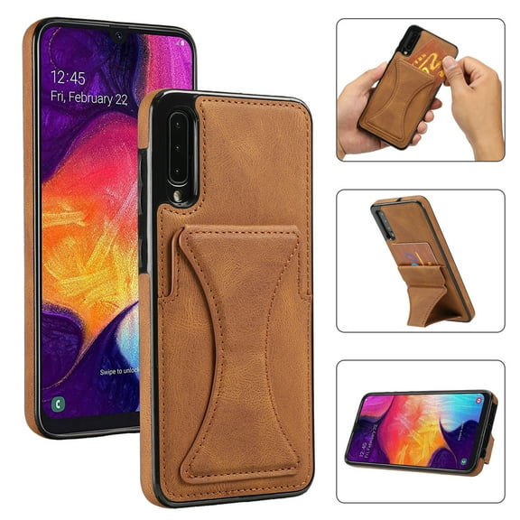 TOP SHE Case for Samsung Galaxy A50 (A505), Galaxy A50 Phone Case (6.4 Inch) - Synthetic Leather Protective Case with Card Slot / Kickstand, Slim Fit Lightweight Simple Fashion Cover (Brown)