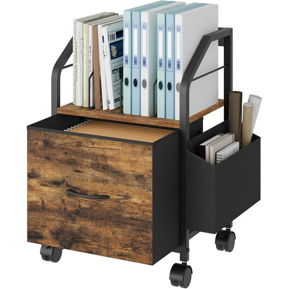 Small File Cabinet Rolling Filing Cabinet for Under Desk with Divider Single Non-Woven Fabric Drawer File Organizer for A/Letter Size Documents Under Desk Storage Rustic FCHR