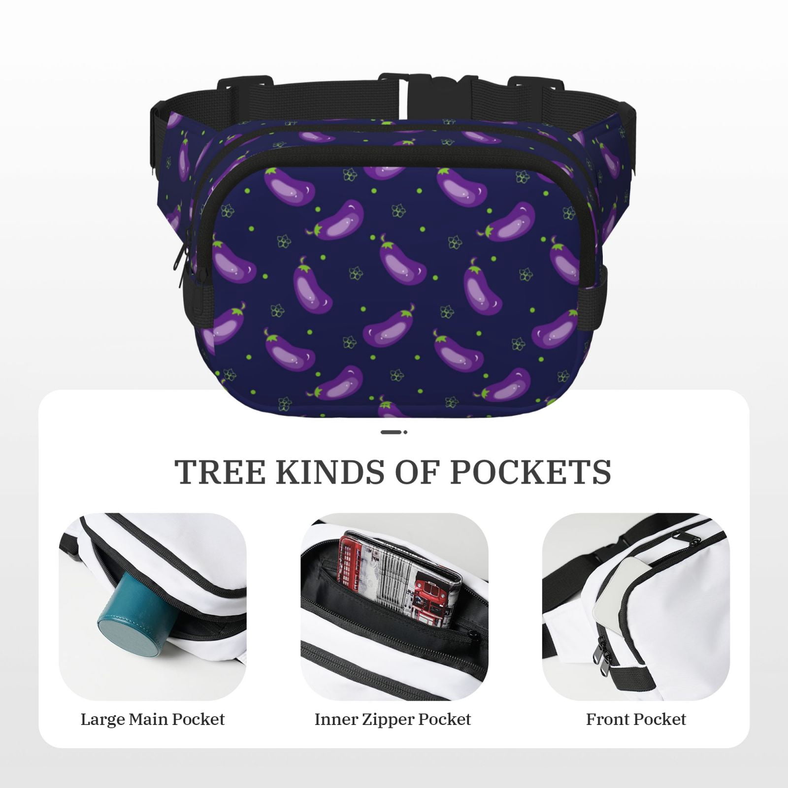 Hirioo Eggplant for Double Layer Waist Bag Adjustable Fanny Pack For Travel Running Hiking