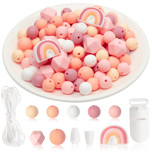 GROBRO7 159 Pcs Baby Silicone Beads DIY Crafts, Round Beads Octagonal Beads Rainbow Beads for Keychain Making