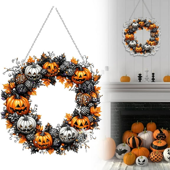 Halloween 2D Acrylic Bat & Pumpkin Wreath - Weather-Resistant Hanging Decor for Windows, Porches & Doors | Festive Haunted Prop for Families