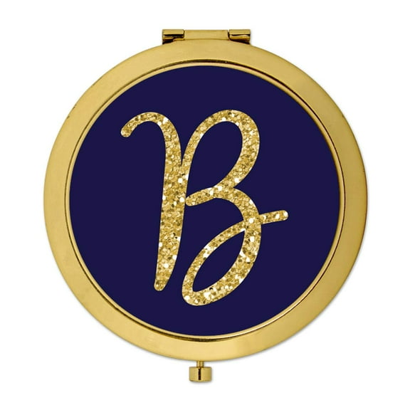 Koyal Wholesale Gold Compact Mirror Bridesmaid's Wedding Gift, Navy Blue | Faux Gold Glitter, Monogram Letter B, 1-Pack