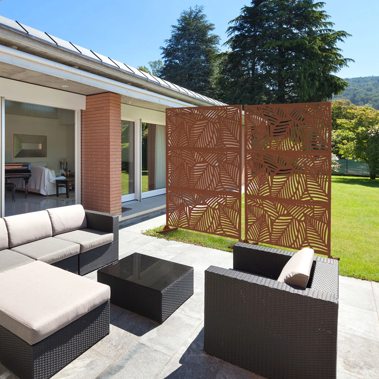 MAYEERTY 72*47" Outdoor Brown Metal Freestanding Privacy Panel Screen for Patio, Leaf Hollow - Out Pattern