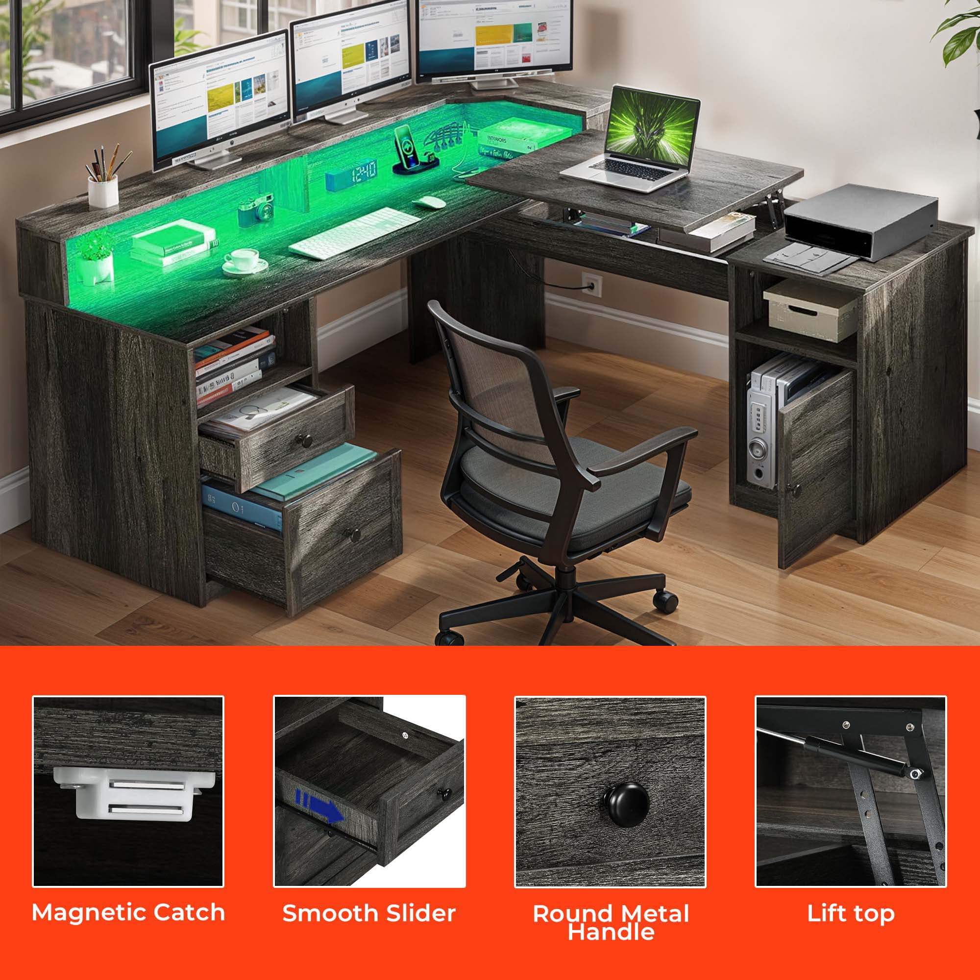 ModFusion L Shaped Desk with Charging Station, Storage Shelves, Drawers & File Cabinet, 60" Adjustable Lift Top Corner Computer Desk with Monitor Stand, Wood Gray