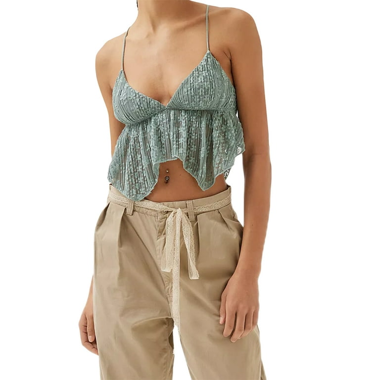 Y2k Sexy Cami Top Spaghetti Strap Lace Trim Sheer Mesh See Through  Sleeveless Crop Tops Going Out Tank T Shirt