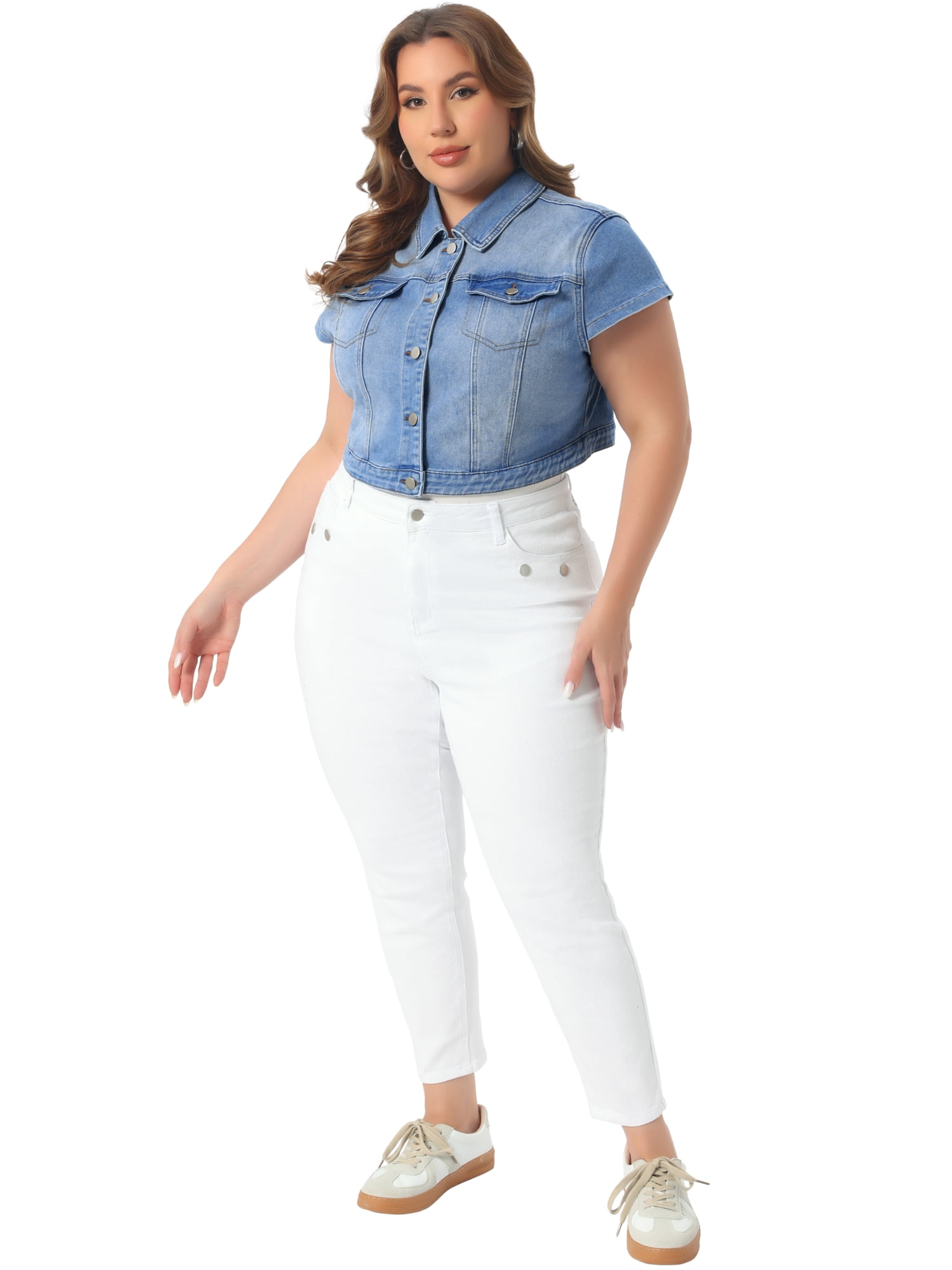 DARING DIVA Women's Plus Button Down Cap Sleeve Cropped Jacket 3X Light Blue