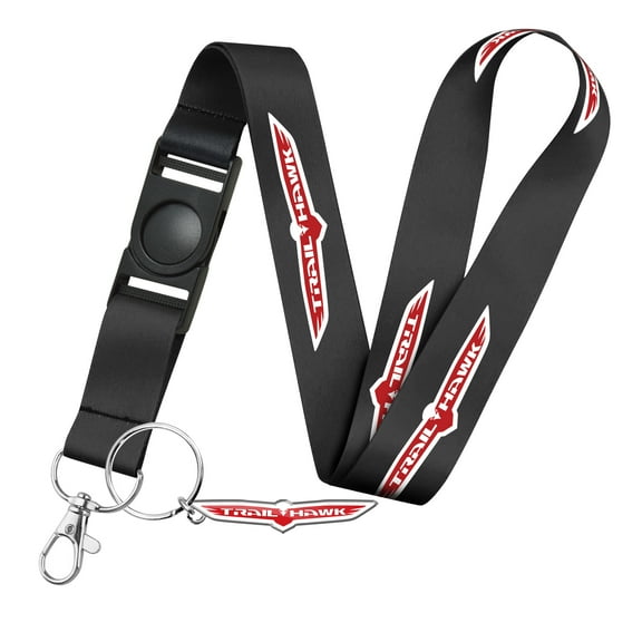 iPick Image for Jeep Trailhawk Full-Color Die-Cut Metal Key Chain with Printed Logo Black Lanyard Strap, Official Licensed