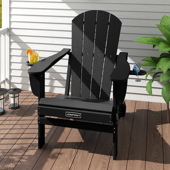JONPONY Folding Adirondack Chair - HDPE All-Weather Outdoor Chairs, Patio Chairs Outdoor Wood Like Adirondack Chair for Backyard, Camping, Pool & Fire Pit,Black