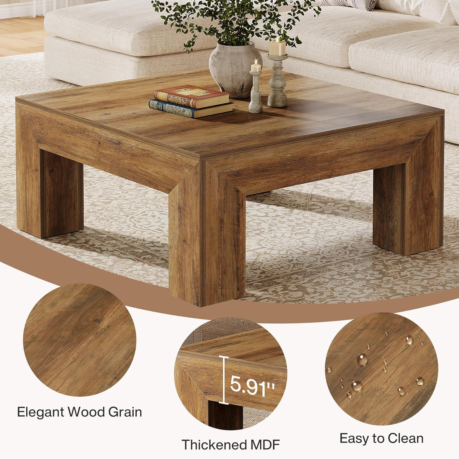 Tribesigns 39.4" All-Wood Coffee Table: Farmhouse Style Accent Centerpiece for Living Room with Sturdy Legs, Rustic Brown